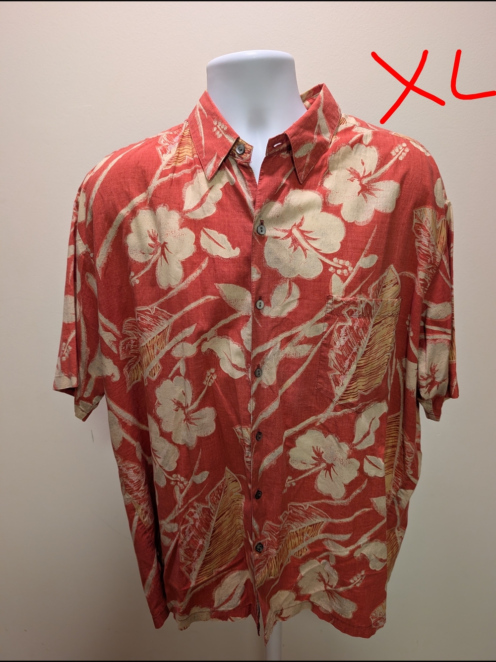 Tori Richard Coral Red Hawaiian Button-Down Shirt with Cream Floral Print